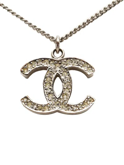 Pre-owned Chanel 2007 Cc Silver Plated Rhinestone Pendant Necklace Costume Necklace