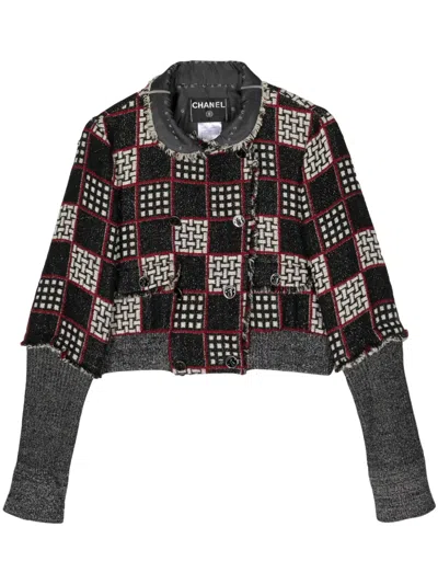 Pre-owned Chanel 2007 Checked Frayed-trim Jacket In Black