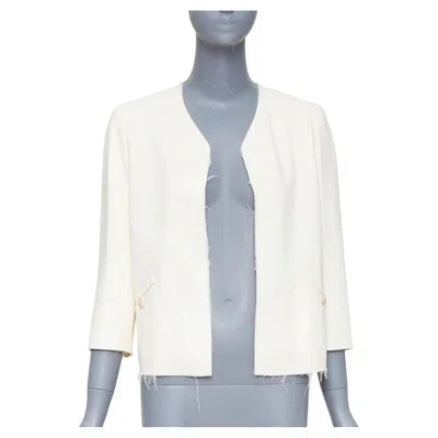 Pre-owned Chanel 2007 Frayed Raw Trim Ecru Wool Collarless Evening Blazer Jacket Fr36 S In Brown
