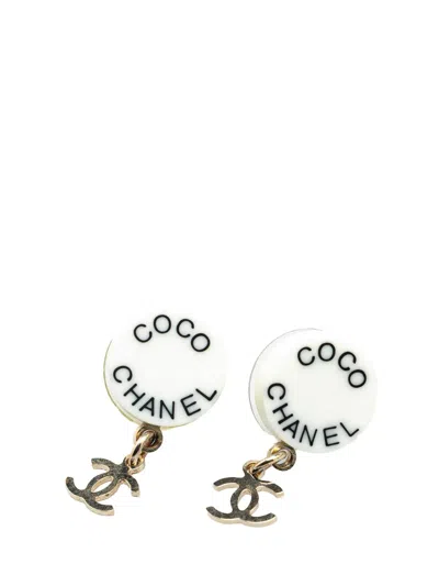Pre-owned Chanel 2007 Gold Plated Acrylic Cc Dangle Coco  Push Back Earrings Costume Earrings In White