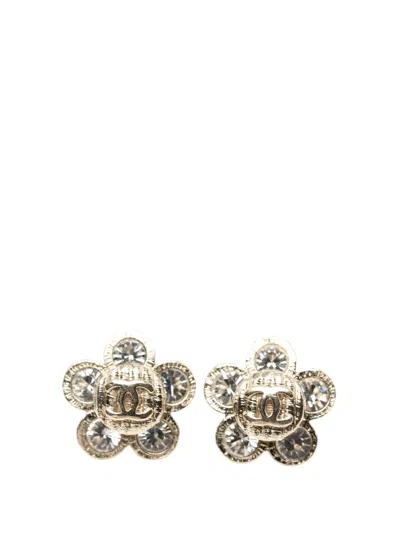 Pre-owned Chanel 2007 Gold Plated Cc Crystal Floral Push Back Earrings Costume Earrings