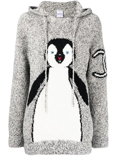 Pre-owned Chanel 2007 Penguin-intarsia Hooded Jumper In Black