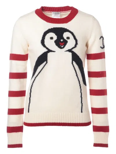 Pre-owned Chanel 2007 Penguin-motif Striped Sweater In White