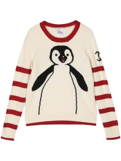 Pre-owned Chanel 2007 Penguin Wool Jumper In White