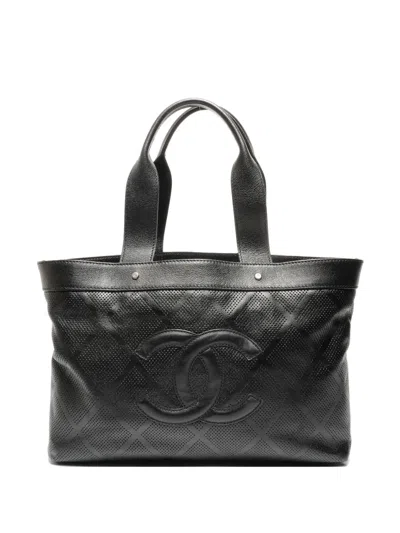 Pre-owned Chanel 2007-2008 Cc Appliqué Perforated Leather Tote Bag In Black