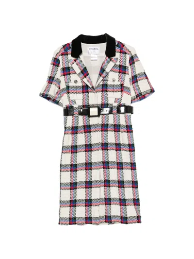 Pre-owned Chanel 2007s Belted Check Midi Dress In Neutrals