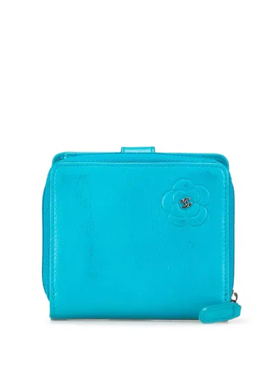 Pre-owned Chanel 2008-2009 Cc Camellia Calfskin Zip Around Wallet Small Wallets In Blue