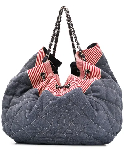 Pre-owned Chanel 2008-2009 Cc Diamond-quilted Tote Bag In Blue
