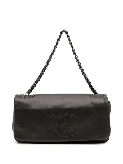 Pre-owned Chanel 2008-2009 Cc Studded Lambskin East West Flap Shoulder Bag In Black