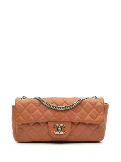 Pre-owned Chanel 2008-2009 Classic Lambskin East West Single Flap Shoulder Bag In Orange