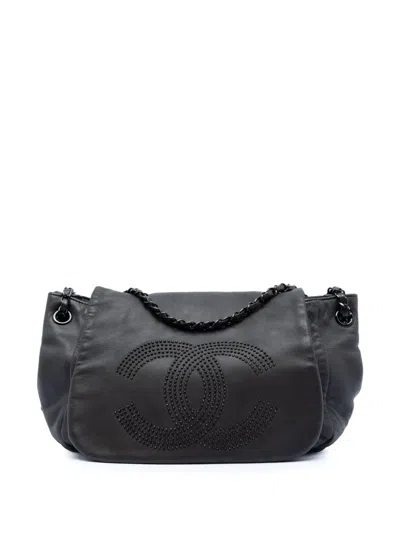 Pre-owned Chanel 2008-2009 Lambskin Studded Cc Accordion Flap Shoulder Bag In Black
