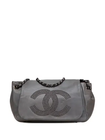 Pre-owned Chanel 2008-2009 Lambskin Studded Cc Accordion Flap Shoulder Bag In Gray