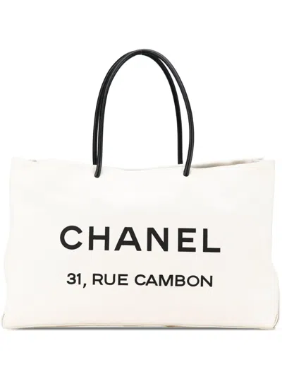 Pre-owned Chanel 2008-2009 Large Calfskin Essential 31 Rue Cambon Shopping Tote Bag In White