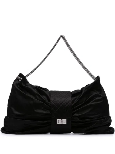 Pre-owned Chanel 2008-2009 Large Satin Bow Mademoiselle Shoulder Bag Tote Bag In Black