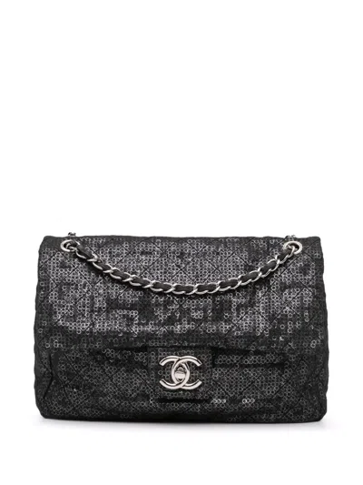 Pre-owned Chanel 2008-2009 Maxi Hidden Sequins Mesh Flap Shoulder Bag In Black