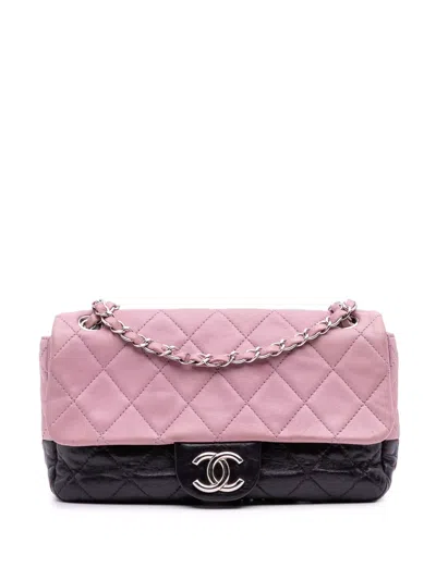 Pre-owned Chanel 2008-2009 Medium Bicolor Lambskin And Calfskin Cc Chain Flap Shoulder Bag In Pink