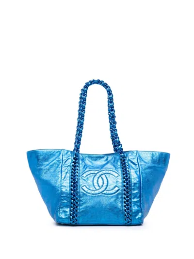 Pre-owned Chanel 2008-2009 Medium Cracked Metallic Calfskin Modern Chain Tote Bag In Blue