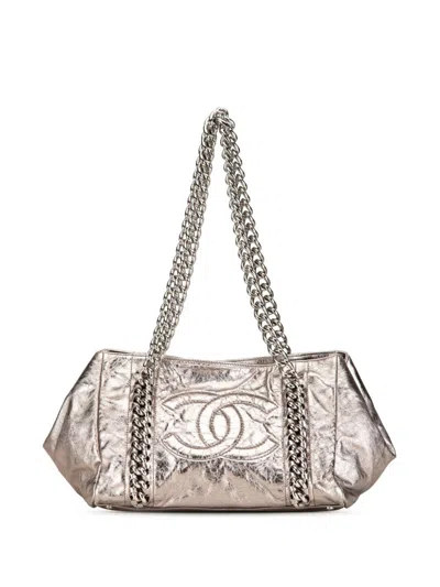 Pre-owned Chanel 2008-2009 Medium Metallic Calfskin Modern Chain Tote Bag In Silver