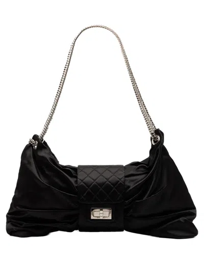Pre-owned Chanel 2008-2009 Medium Satin Bow Mademoiselle Shoulder Bag Tote Bag In Black