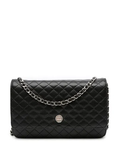 Pre-owned Chanel 2008-2009 Microquilted Lambskin Wallet On Chain Crossbody Bag In Black