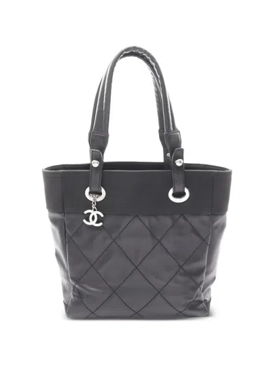 Pre-owned Chanel 2008-2009 Paris Biarritz Pm Canvas Tote Bag In Black