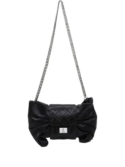 Pre-owned Chanel 2008-2009 Satin Ribbon-embellished Chain-strap Shoulder Bag In Black