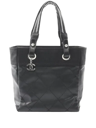 Pre-owned Chanel 2008-2009 Small Quilted Coated Canvas Paris Biarritz Tote Bag In Black