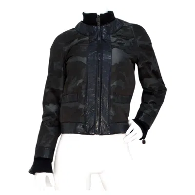 Pre-owned Chanel 2008 Black Camouflage & Blue Leather Bomber Jacket
