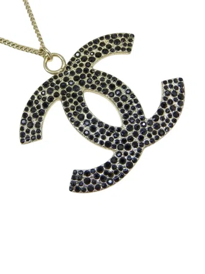 Pre-owned Chanel 2008 Cc Gold Plated Rhinestone Pendant Necklace Costume Necklace In Black