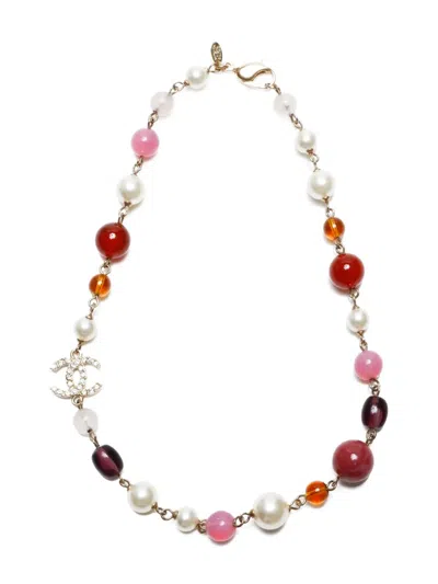 Pre-owned Chanel 2008 Cc Mark Pearl Necklace In Red