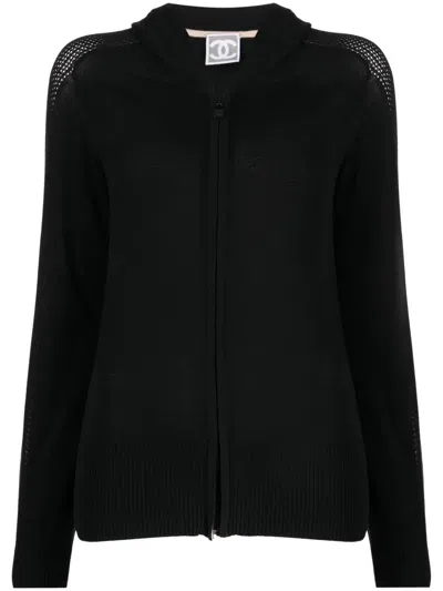 Pre-owned Chanel 2008 Cc Perforated Zip-front Hoodie In Black