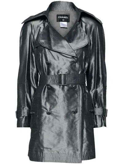 Pre-owned Chanel 2008 Double-breasted Silk Trench Coat In Grey