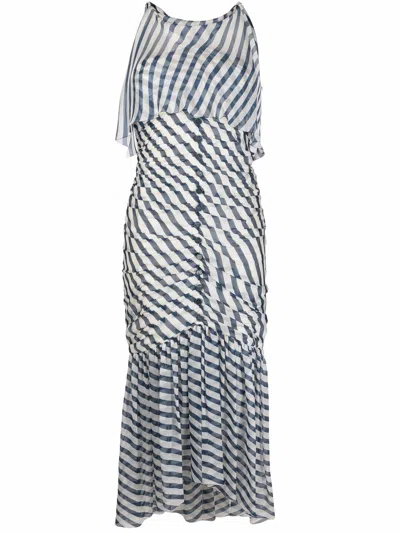 Pre-owned Chanel 2008 Ruched Striped Midi Dress In Blue