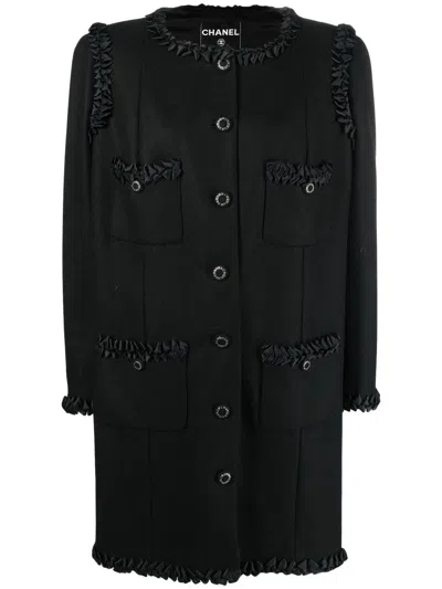 Pre-owned Chanel 2008 Ruffle-detailed Wool-blend Coat In Black