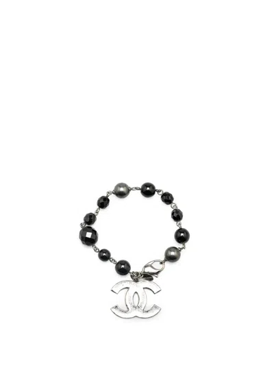Pre-owned Chanel 2008 Silver Faux Pearl And Beads Cc Charm Bracelet Costume Bracelet