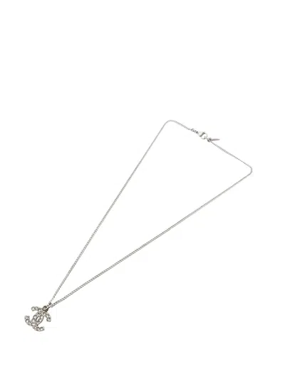 Pre-owned Chanel 2008 Silver Plated Cc Rhinestone Pendant Necklace Costume Necklace