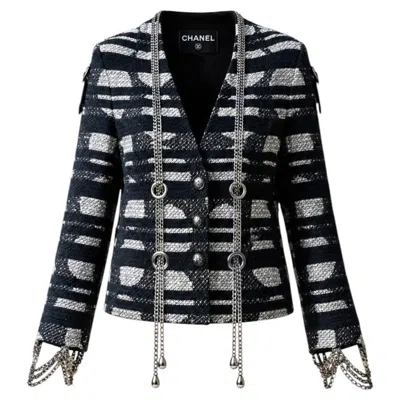 Pre-owned Chanel 2008 Spring Iconic Cc Chains Black Tweed Jacket 34 Fr