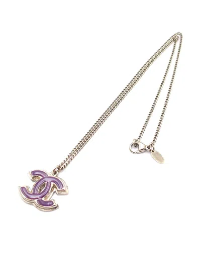 Pre-owned Chanel 2008 White Gold Enamel Cc Pendant Necklace Costume Necklace