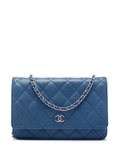 Pre-owned Chanel 2008-2009 Cc Quilted Caviar Wallet On Chain Crossbody Bag In Blue