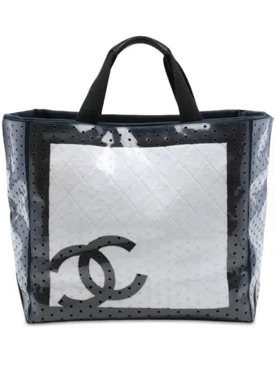 Pre-owned Chanel 2008-2009 Cc Quilted Cotton And Pvc Punching Tote Bag In Black