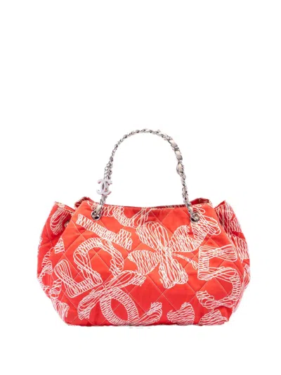 Pre-owned Chanel 2008-2009 Cc Quilted Cotton Coral Print Chain Tote Bag In Orange