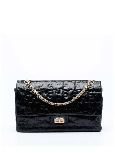 Pre-owned Chanel 2008-2009 Crackled Patent Puzzle Reissue 2.55 Double Flap 226 Shoulder Bag In Black