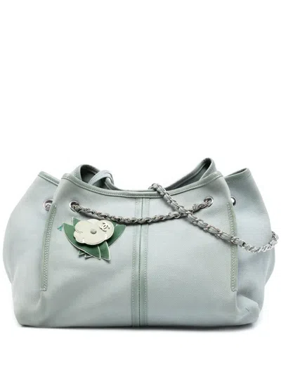 Pre-owned Chanel 2008-2009 Grained Nubuck Camellia Patch Shopping Tote Bag In Green