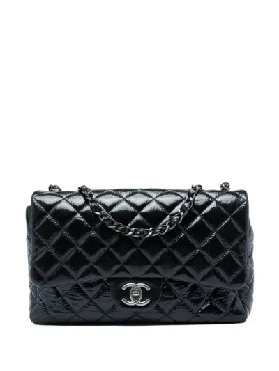 Pre-owned Chanel 2008-2009 Jumbo Classic Crinkled Patent Single Flap Shoulder Bag In Black
