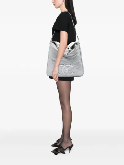 Pre-owned Chanel 2008-2009 Large Metallic Glazed Calfskin Perforated Rodeo Drive Satchel In Silver