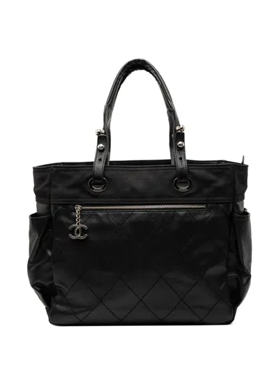 Pre-owned Chanel 2008-2009 Large Quilted Coated Canvas Paris Biarritz Tote Bag In Black
