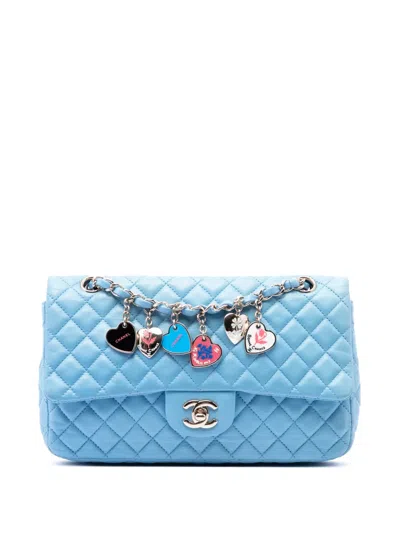 Pre-owned Chanel 2008-2009 Medium Classic Lambskin Valentines Heart Charms Single Flap Shoulder Bag In Blue