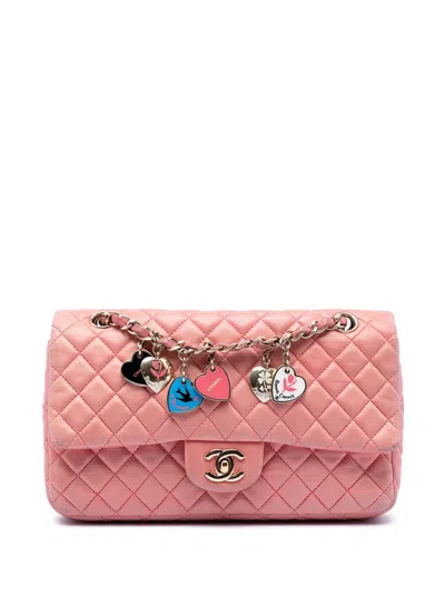 Pre-owned Chanel 2008-2009 Medium Classic Lambskin Valentines Heart Charms Single Flap Shoulder Bag In Pink