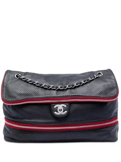 Pre-owned Chanel 2008-2009 Perforated Calfskin Expandable Shoulder Bag In Blue