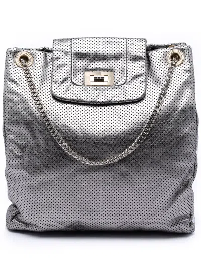 Pre-owned Chanel 2008-2009 Perforated Crackled Metallic Calfskin Drill Tote Bag In Silver